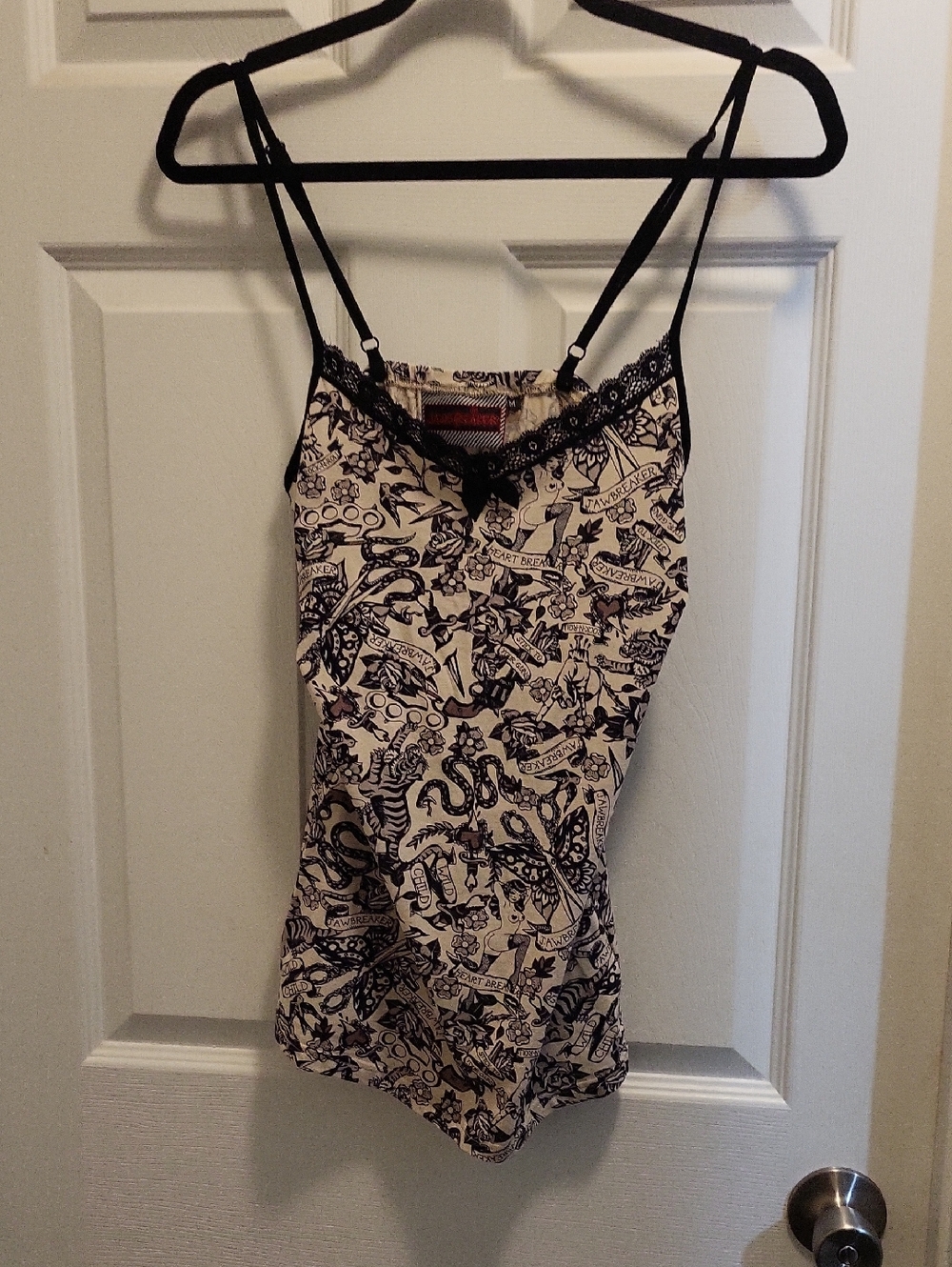 Black & Cream Printed Lace-Trim Camisole